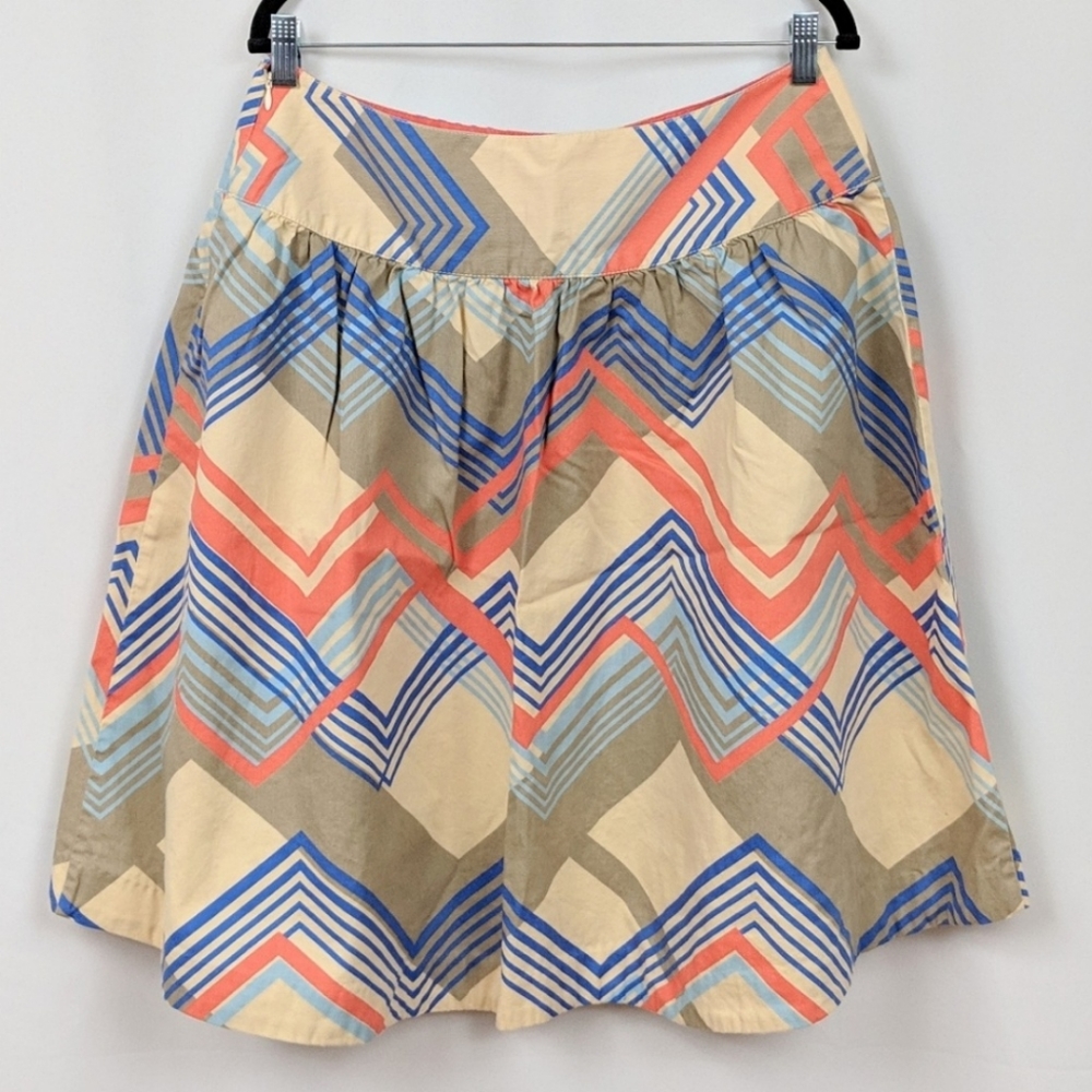 NWOT Merona A-line Skirt Zigzag Chevron Geometric Side Zip Tan Blue Orange 18
